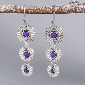 925 Sterling Silver Plated Purple Synthetic Gemstone Boho Dangle Earrings